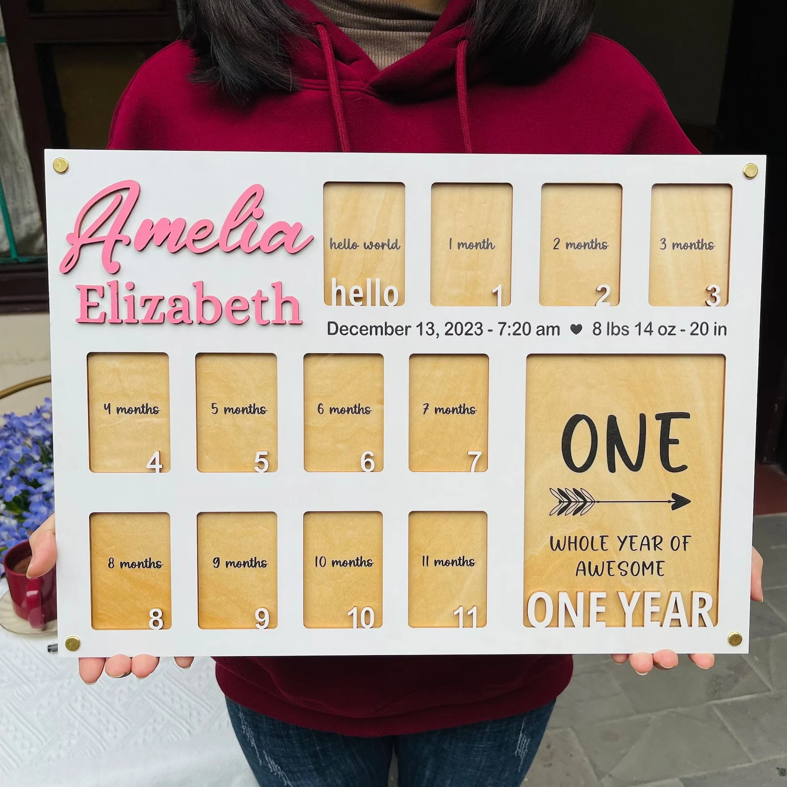 

Baby Birth through One Year Monthly Picture Frame Wall Art, Personalized Wooden Photo Frame for Baby