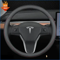 For Tesla Model 3 Y S X 2019 - 2023 Nappa Leather Car Steering Wheel Cover 4 Seasons 36-38 CM Black Auto Interior Accessories