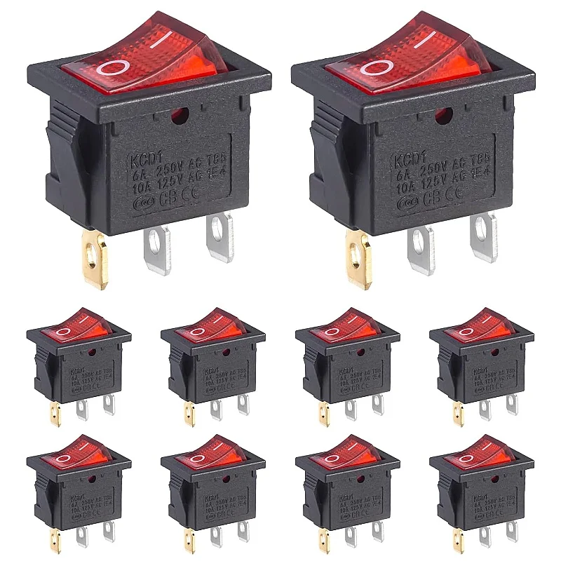 Illuminated Red Rocker Switch 3-Pin On/Off Boat Rocker Switch 6A 250VAC 10A 125VAC Built-in Switch 2 Position SPST (10 Pieces)