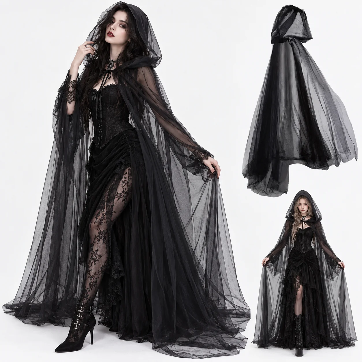 Women Gothic Hooded Tulle Cape Sheer Long Cloak Halloween Witch Vampire Cosplay Costume Masquerade Party Dress Accessory