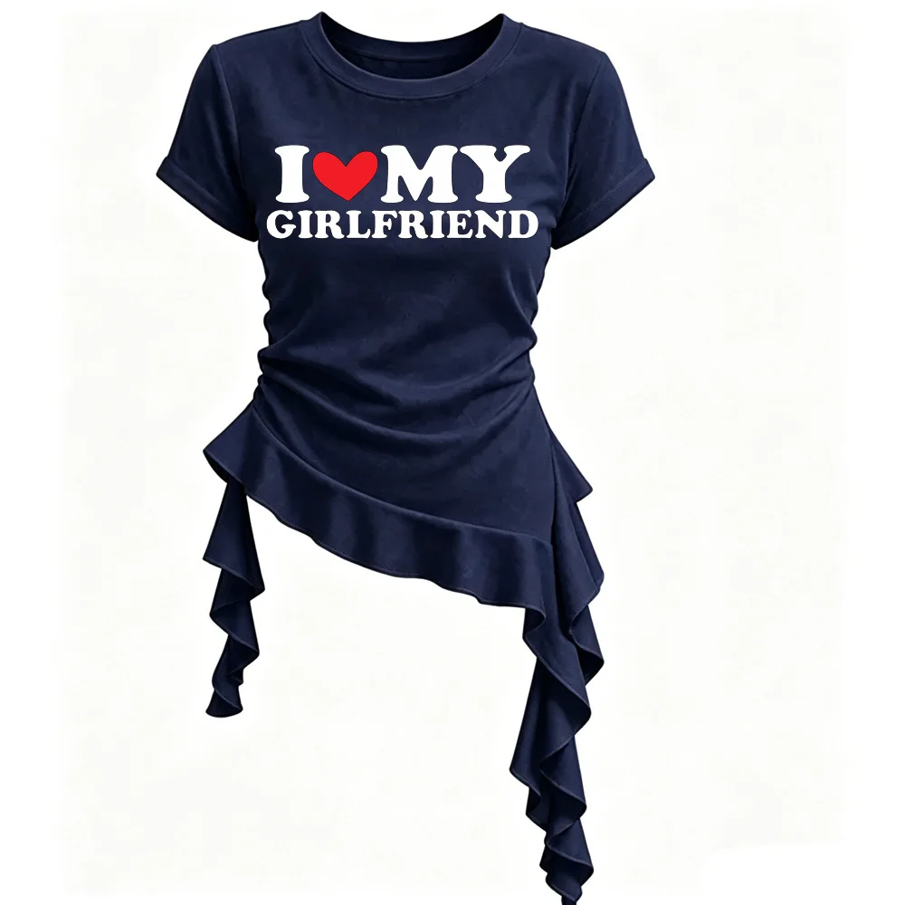I Love My Hot Girlfriend Boyfriend High Quality Sexy Ruffle Asymmetrical Hemline Short Sleeves T-Shirts Y2k Vintage  Crop Top
