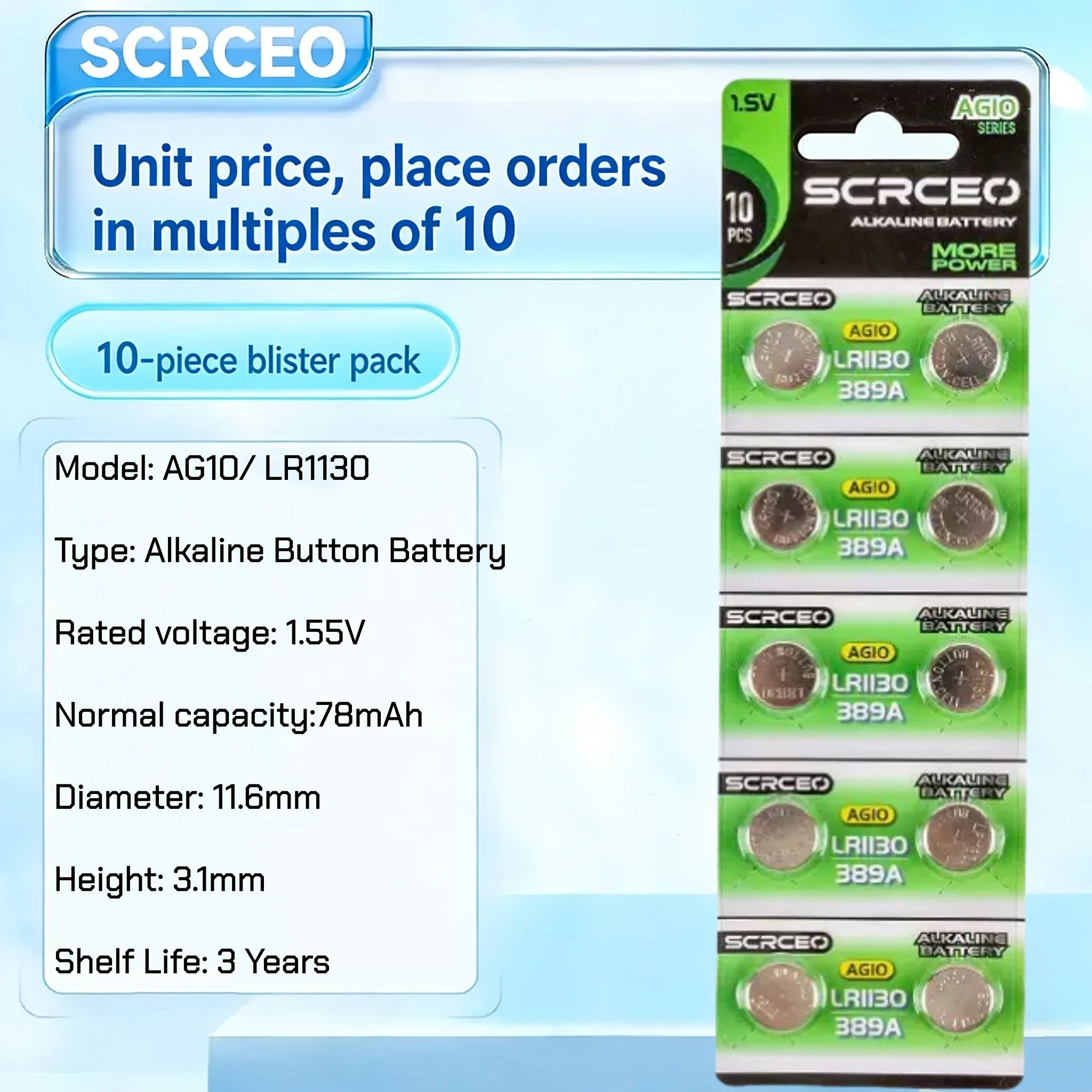 AG10 LR54 Button Cell Coin 1.55V 78mAh SR54 389 G10189 LR1130 SR1130 V10GA Alkaline Button Batteries for Watch Toys Remote