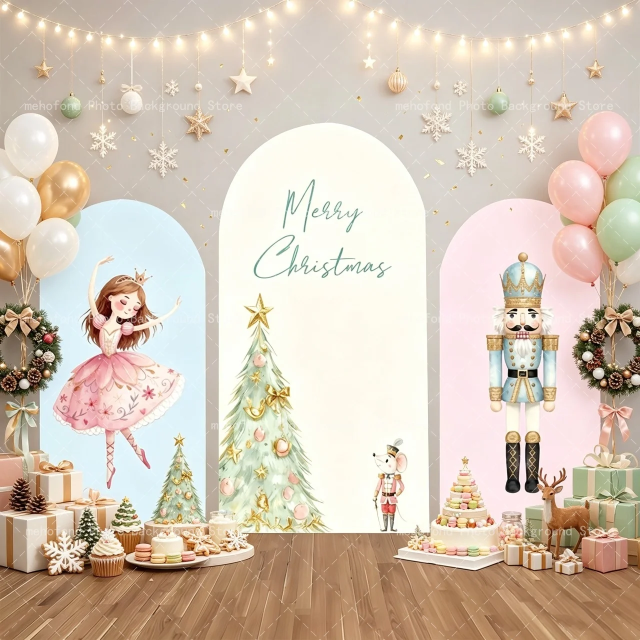 Mehofond, toile de fond en forme d'arche, casse-noisette, ballerine simple, sapin de Noël, anniversaire d'enfant, fête prénatale, toile de fond pour portrait de famille et de festival.