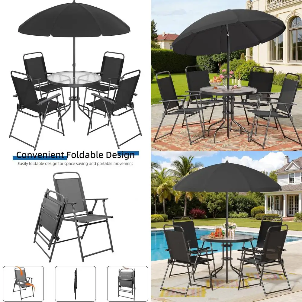 6-teiliges Terrassen-Essgruppen-Set mit Sonnenschirm, 4 Stühlen und Glastisch für den Außenbereich, Rasen, Garten, Veranda – Schwarz