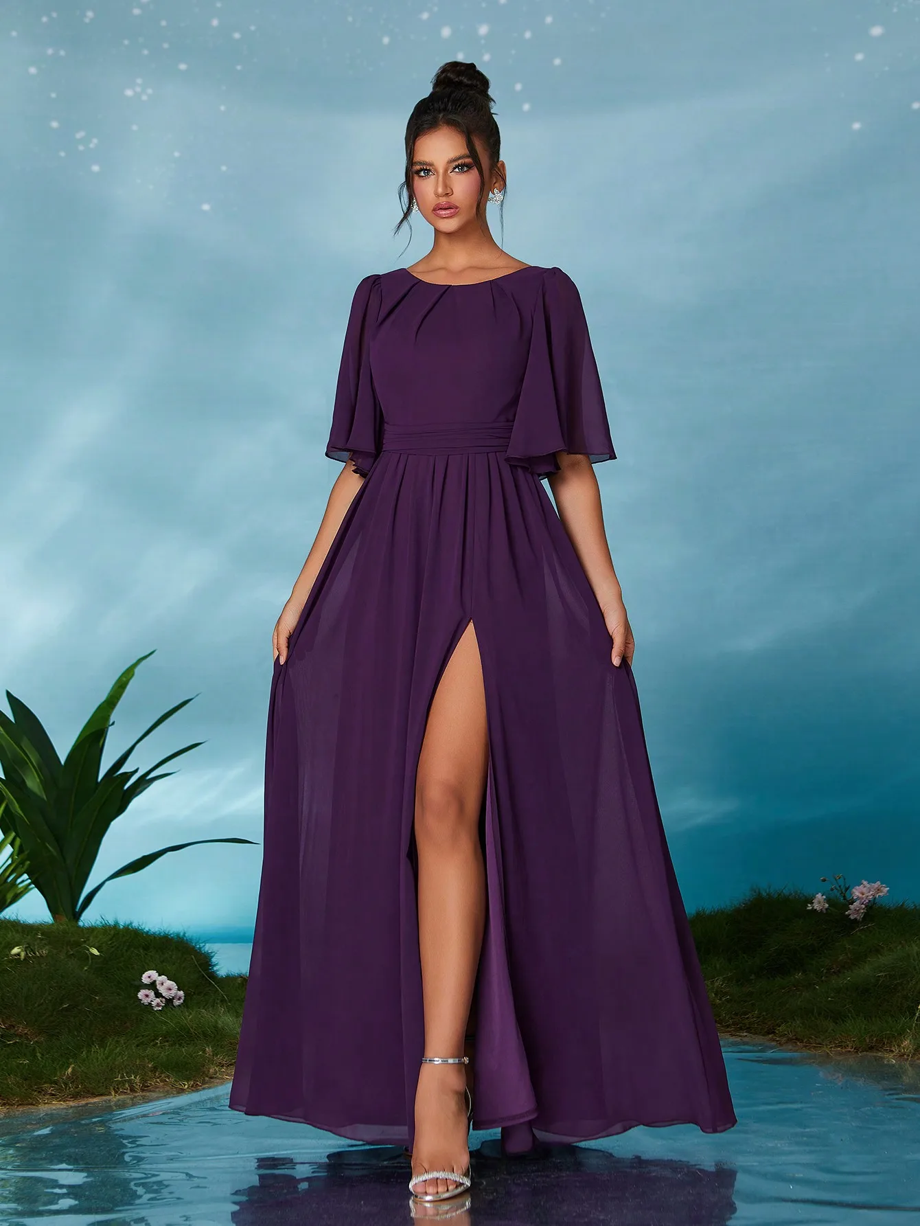 Hochwertiges Mgiacy-Abendkleid mit rundem Ausschnitt, Perlenchiffon, perforiertem Gürtel mit mittellangen Ärmeln und unterem Schlitz vorne