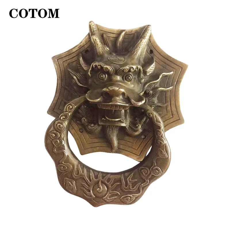 Vintage Brass Dragon Knocker Wood Villa Courtyard Gate Furniture Handles Bronze Door Knocker Home Decoration