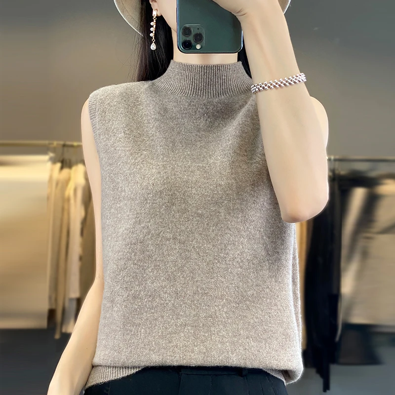 2024 Cashmere Vest Women\'s 100% Merino Wool Pullover Indoor Sleeveless Sweater Half-turtleneck Office Tops Waistcoat