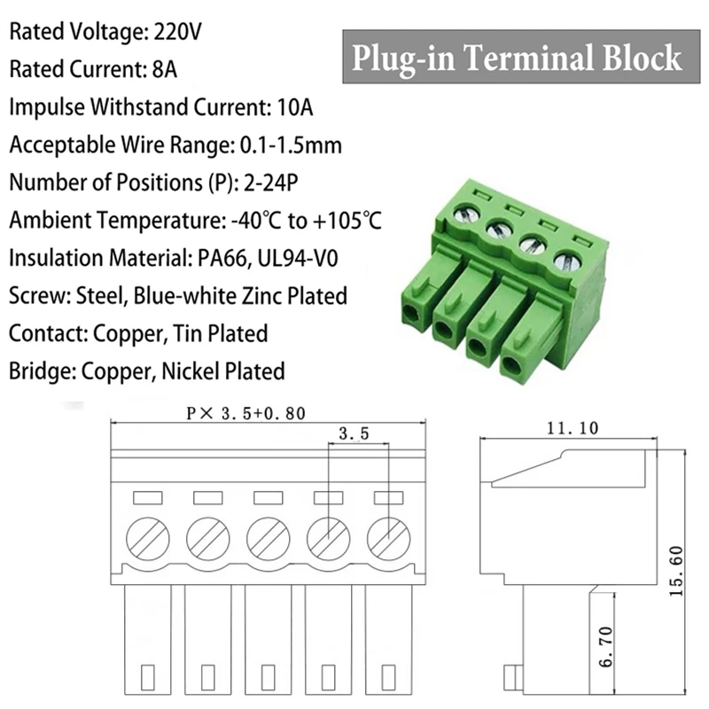 Blocos Terminais Plug-in 3.5mm Verde - Conector Trilho DIN 2P-24P - Materiais Contactos Elétricos PCB SOLUÇÃO COMPLETA