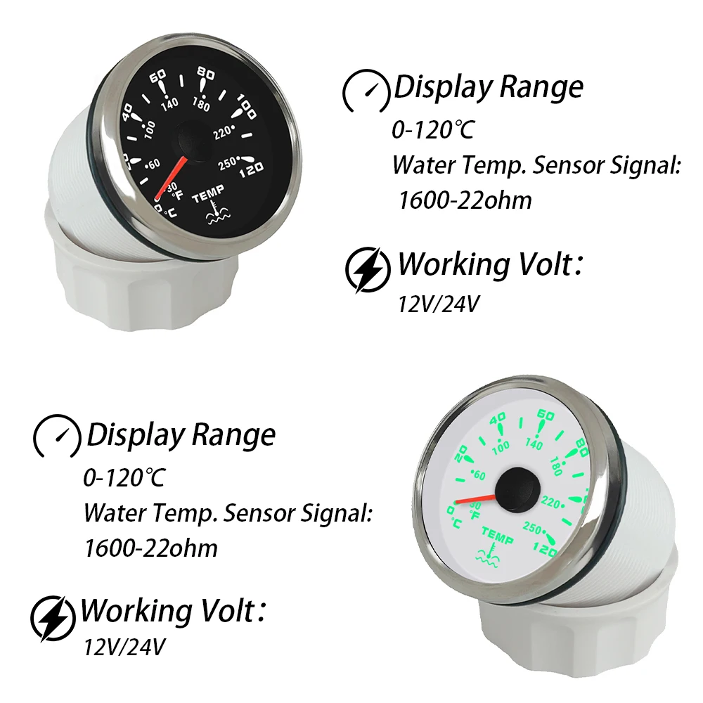 راكسل 52 مللي متر مقياس درجة حرارة الماء 0-120 درجة مع 7 ألوان الخلفية 12 فولت 24 فولت العالمي لسيارة اليخوت قوارب #4