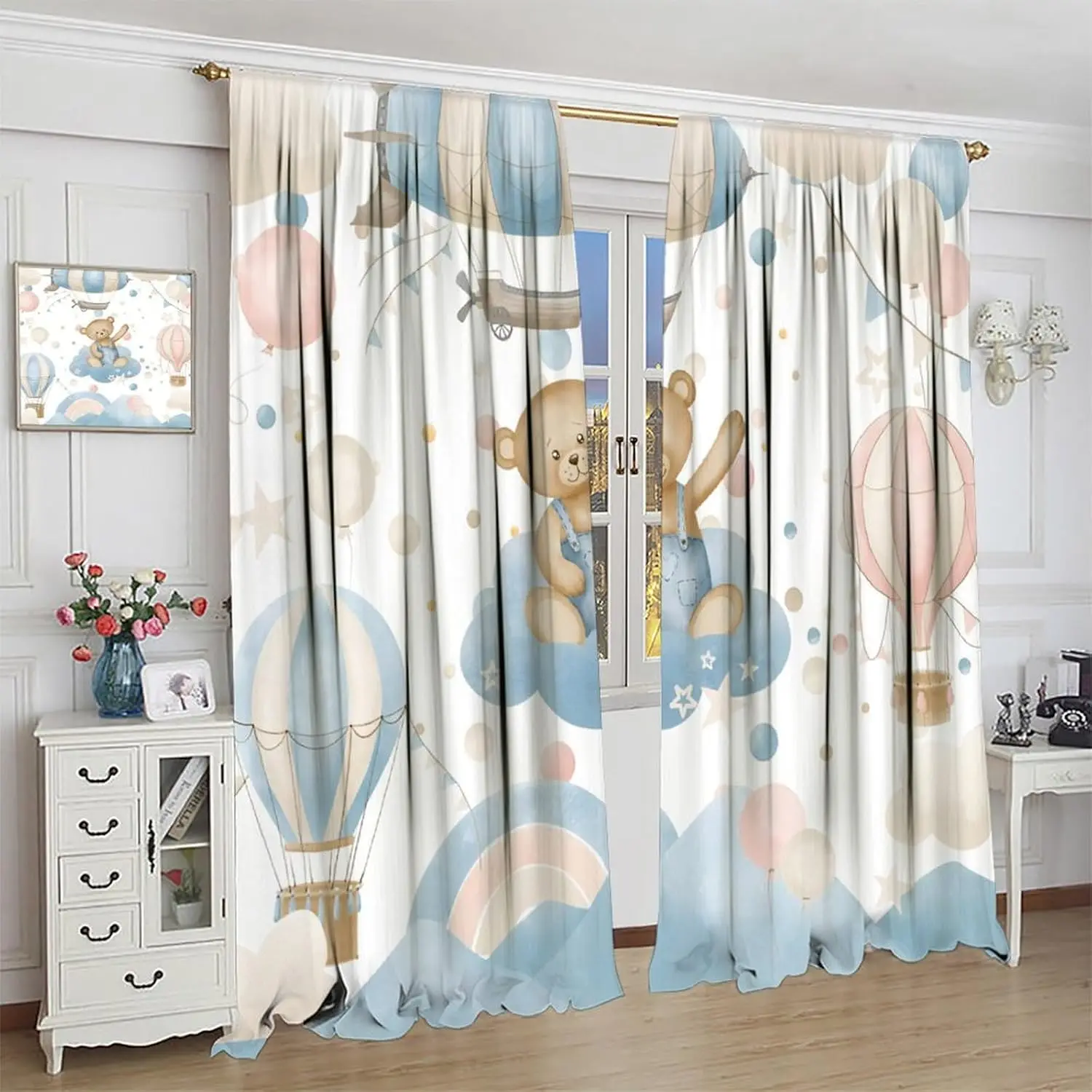 Cartoon Blue Bear Curtains for Boys,Watercolor Little Cute Animal Aircrafts Hot Air Balloons Rainbow Window Drapes for Baby Boys