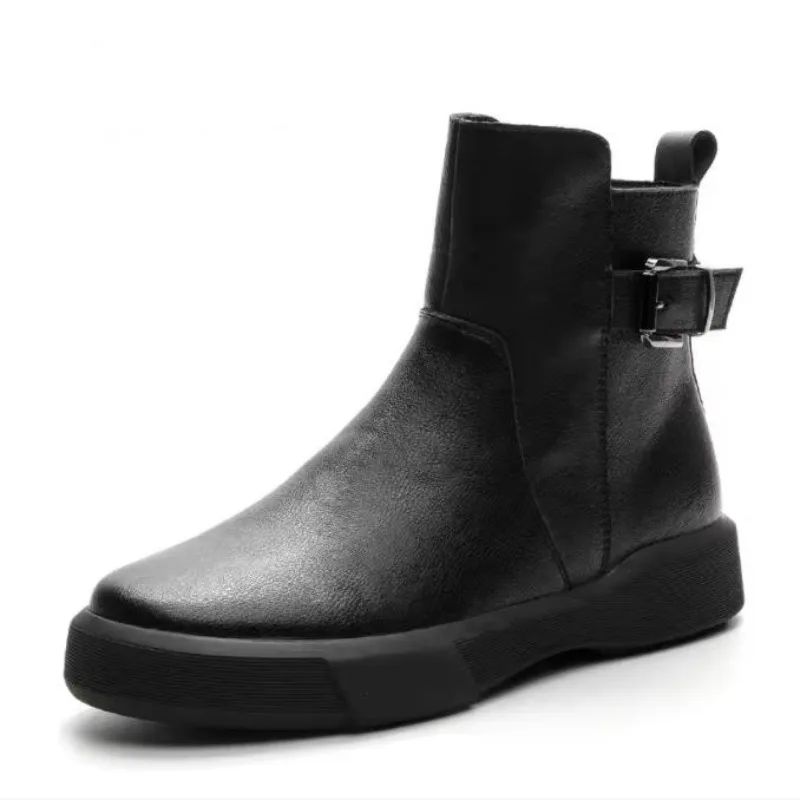 

2025 Plus Size 42 43 Women Ankle Boots Autumn Winter Plush Warm Round Toe Real Cowhide Zipper Soft Casual Short Boots