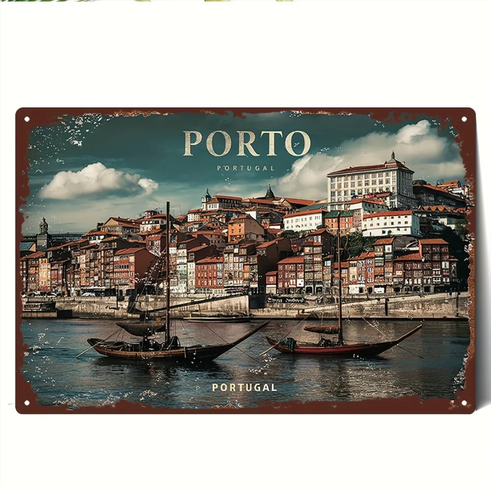 2D flach, 1 Stück Vintage Metallschild |   Antike Architektur und Segelbootlandschaft im Douro-Fluss in Porto, Portugal |   20*30cm
