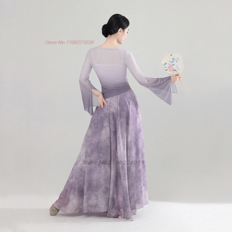 2023 Chinese Traditionele Hanfu Tops + Broek Set Dans Kostuum Stage Performance Jurk Gradiëntkleur Mesh Hanfu Volksdans Jurk