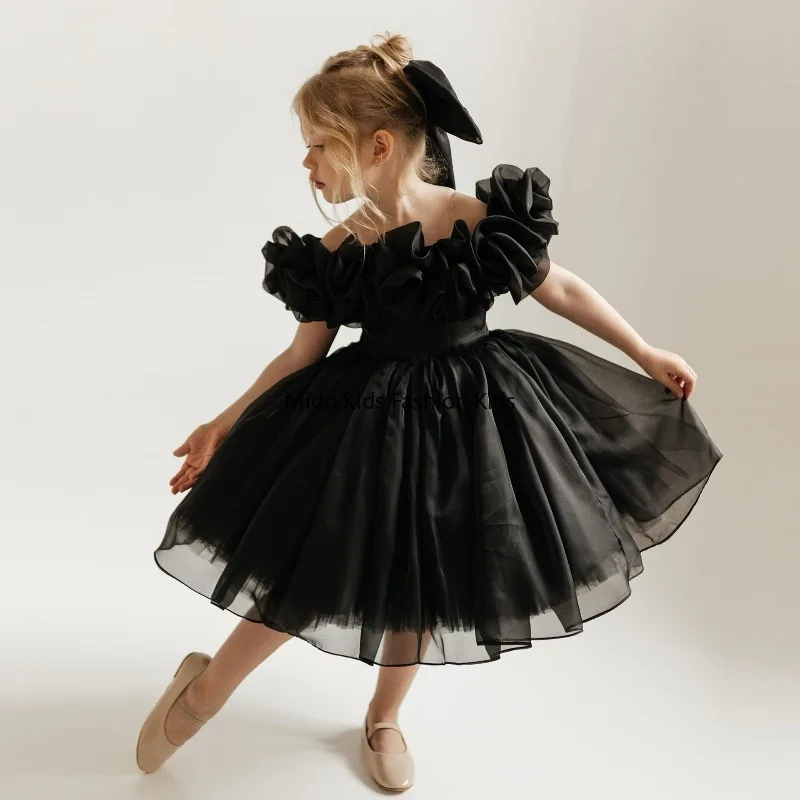 1-10Y Girls fluffy mesh princess dress birthday dinner dance performance dress children's foreign style dress 90-140cm