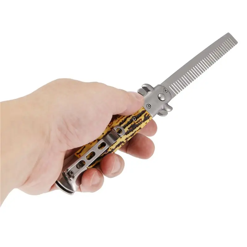 ABBZ-1Pcs Automatic Stainless Steel Combs Foldable Knife Brushes Hair Trimmer Comb Brush Accessories Butterfly Mens Pocket Knife