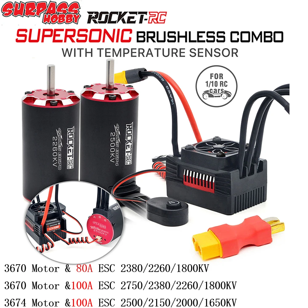 SURPASS HOBBY Rocket-RC V2 3670 3674 Brushless Waterproof Motor W/ Temp Sensor 80A/100A ESC Combo for 1/10 Tamiya GTR Traxxas