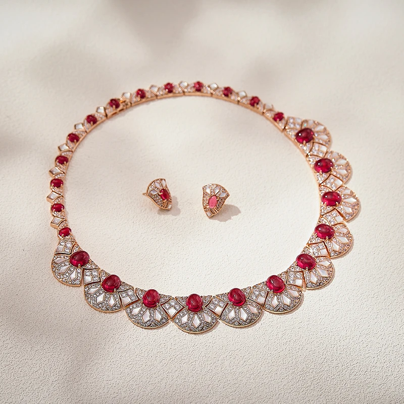 Designer Collection Style Earrings Necklace Women Lady Inlay AAA Cubic Zircon Mother Of Pearl Red Green Beads Party Jewelry Sets