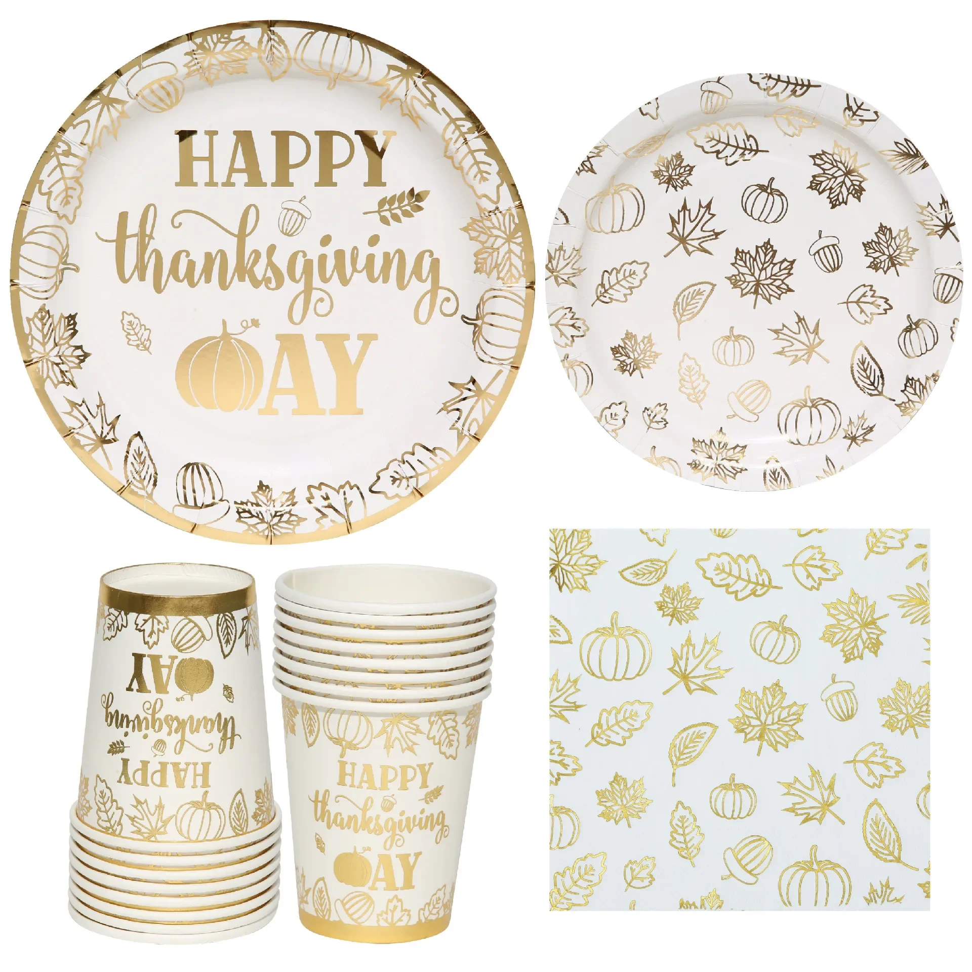 8Guests White Stamping Gold Pumkin Maple Disposable Tableware Thanksgiving Plates Napkins Fall HarvestHappy Thanksgiving Day Dec