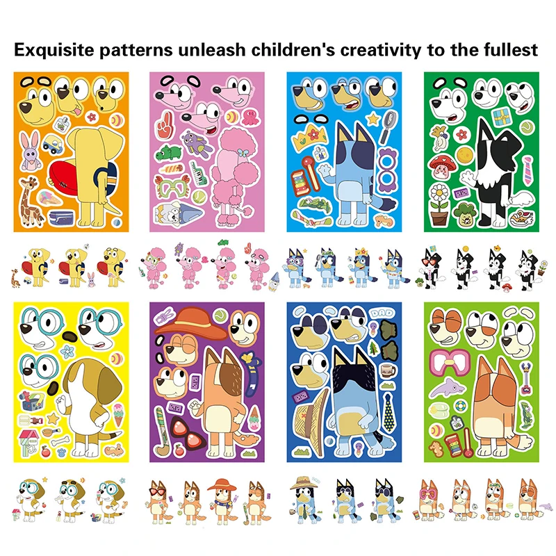 6 Styles Bluey Bingo Splicing Stickers Children Toys Puzzle Stickers Funny Assemble Jigsaw DIY Cartoon Stickers Kids Gift