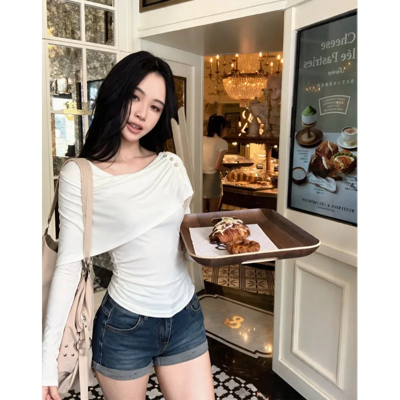 American Style Vintage Wrap Single Shoulder Knitted Sweater Women's Autumn New Double Layer Swing Collar Design Delicate Top