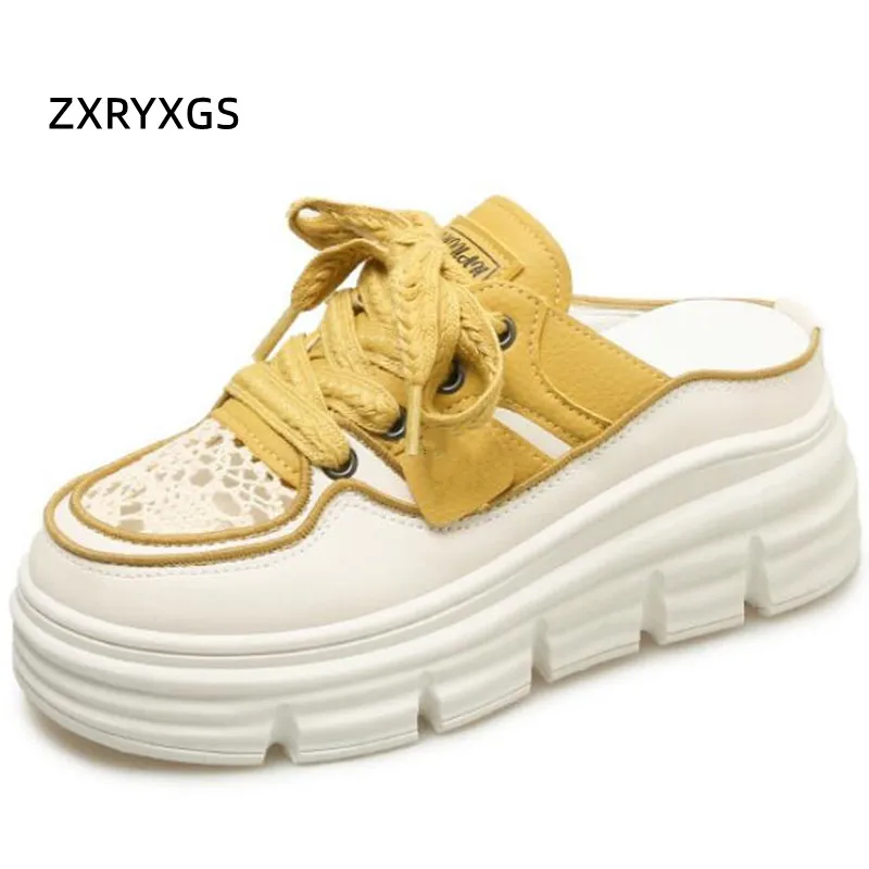 

ZXRYXGS New 2024 Premium Pu Leather Spring Summer Thick Sole Elevated Slippers Outerwear Leisure Breathable Women Shoes Sandals