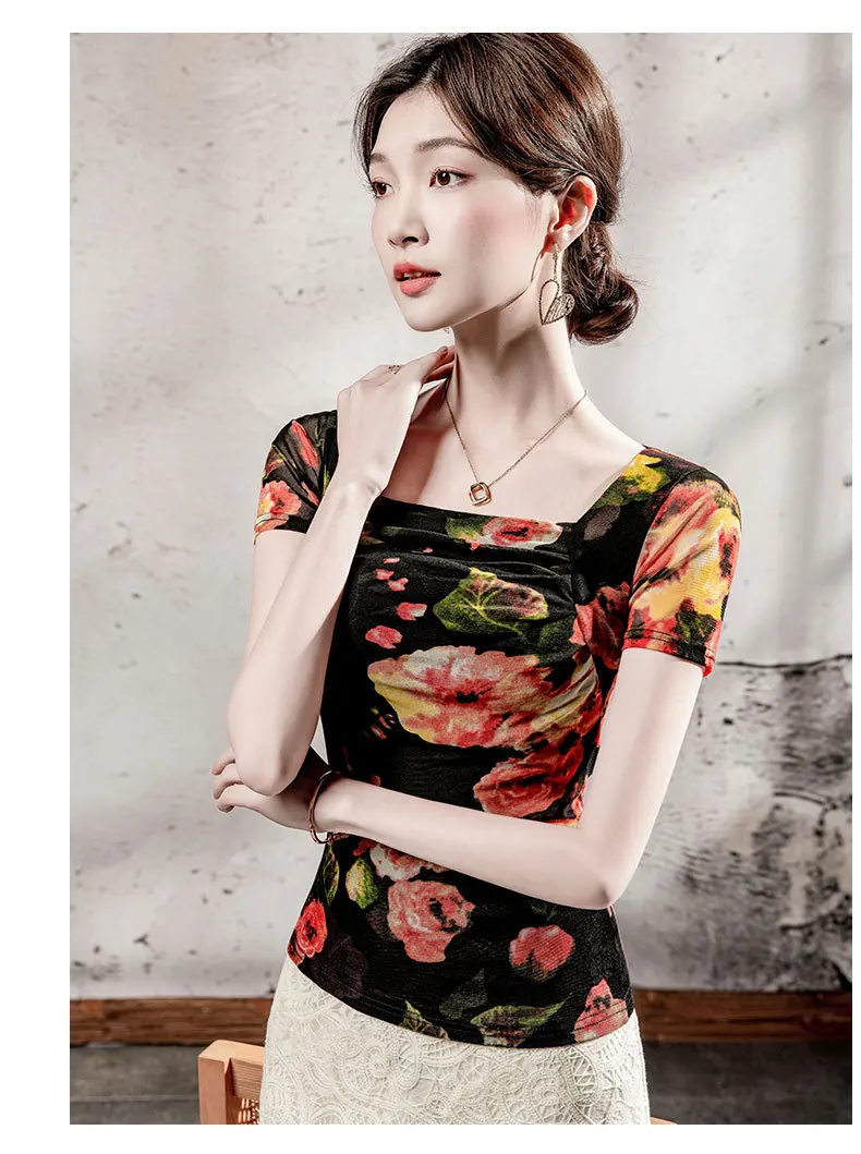 MadBlack-Women's European T-Shirt, Sexy Square Collar Print, Streetwear Short Sleeve Slim Mesh S-3XL Tee, 2025 Summer T56709CC