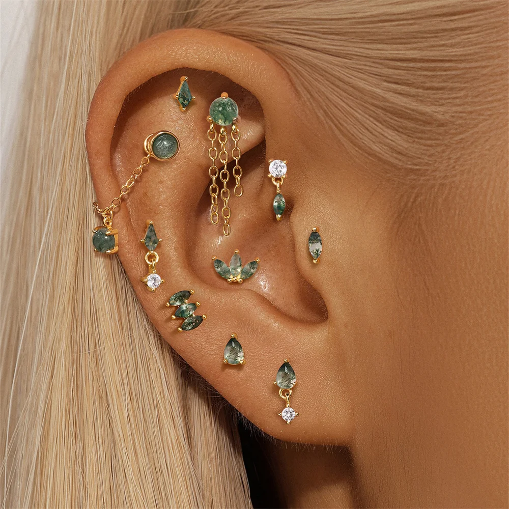 

BOAKO 925 Sterling Silver Natural Water Grass Agate Earring Green Moss Zircon Earring Women Classic High-end Wedding Accessories