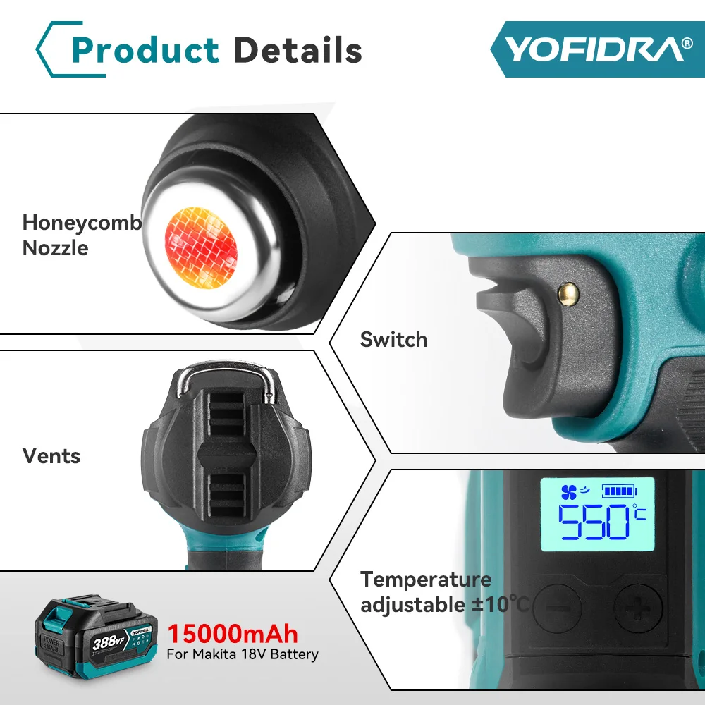 Yofidra 550℃ Hot Air Gun 2 Gears Adjustable LED Display Cordless Efficient Industrial Home Heat Gun Tools For Makita 18V Battery