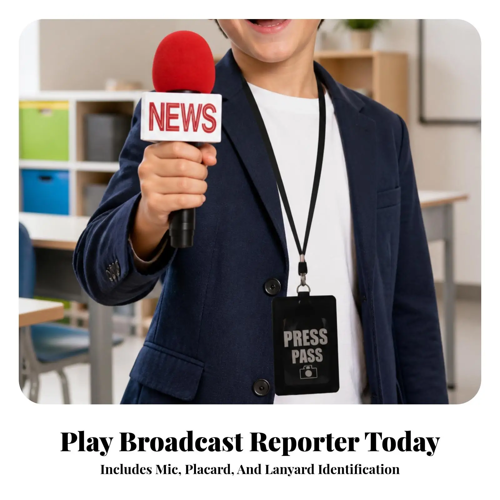Toy News Reporter Costume Accessory Set with Speaking Tube and Press Badge for Halloween Themed Photo Booth Prop