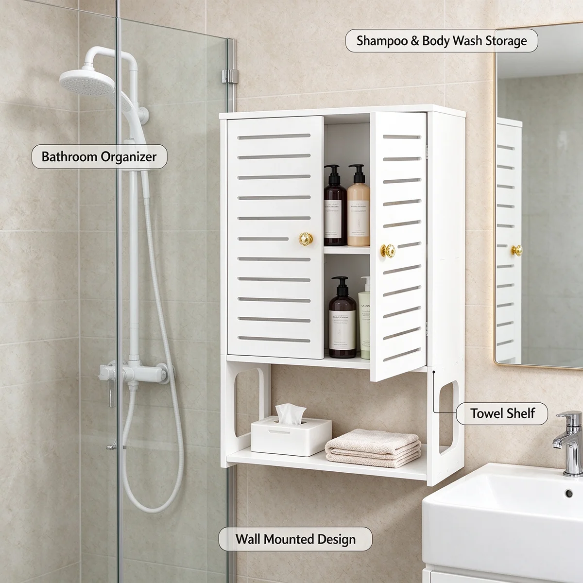 Wall Mount Bathroom Storage Cabinet, White Slatted Cabinet with Golden Knobs & Open Compartment, Waterproof Hanging Organizer f