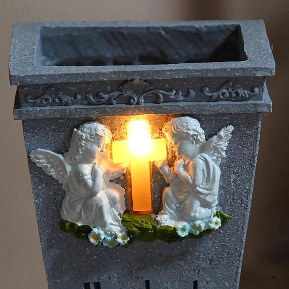 Resin Memorial Grave Vase Solar Angel Cross Sculpture Weather Resistant Flower Pot For Garden Cemetery Decoration
