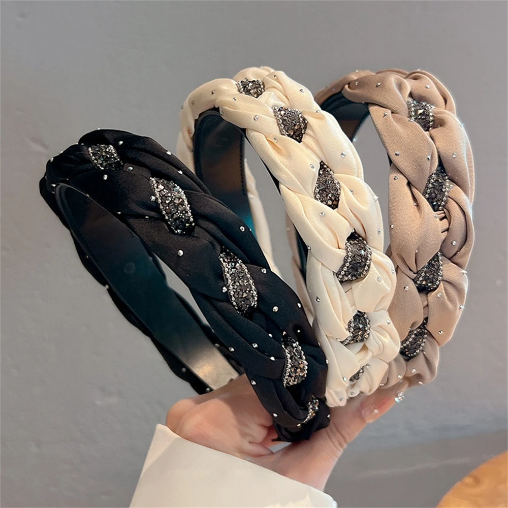 

Korean Fashion Headband Women's Rhinestone Twists Hairband Fashion Wide Side Hair Hoop Lady Hairs Elastic Headwear Accessories