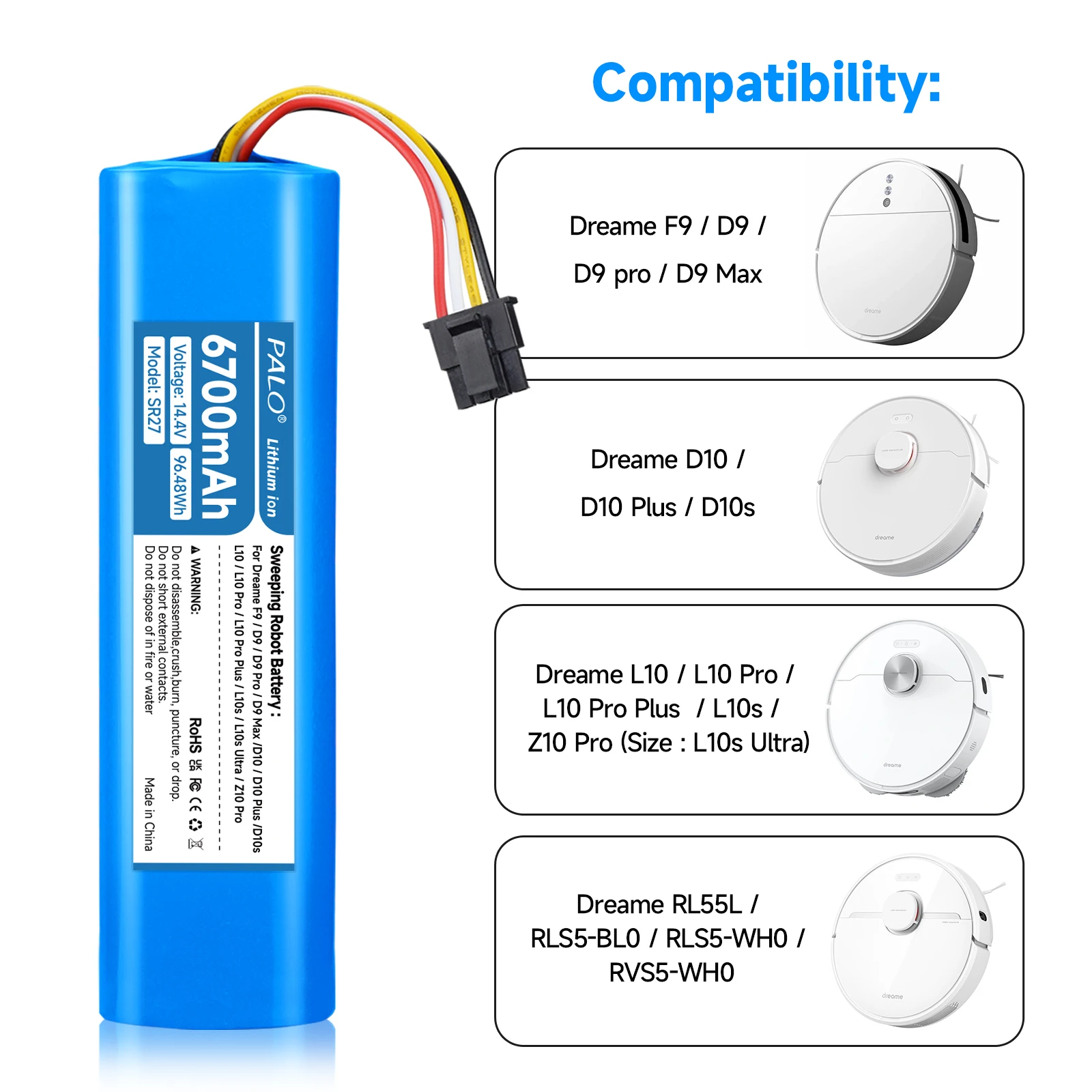 6700mAh P2008-4S2P-MMBK Replacement Battery for Dreame F9 D9 L10 Pro Plus S10 S20 S30 X10+ X20+ X30+ Pro Sweeping Mopping Robot
