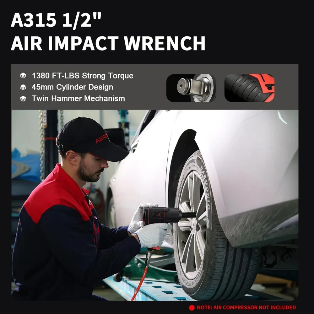 مفتاح ربط هوائي مركب نصف بوصة مع تقنية المطرقة المزدوجة، بحد أقصى 1380 رطلًا من عزم دوران تخفيف، 8000 دورة في الدقيقة، هوائي