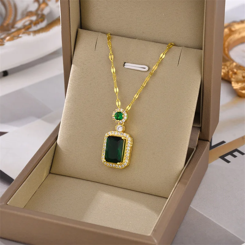 OIMG 316L Stainless Steel Temperament Green Red Imitation Gemstone Square Pendant Necklace For Women Girl Wedding Party Gifts