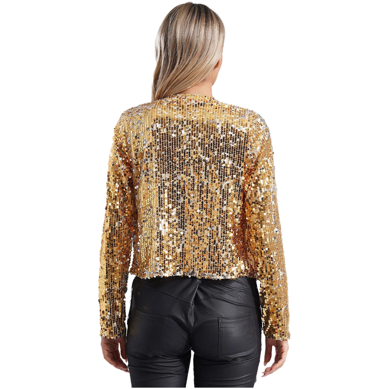 Feminino brilhante lantejoulas encolher colheita jaqueta bolero frente aberta manga longa cardigan para discoteca clube cocktail festa noite envoltório