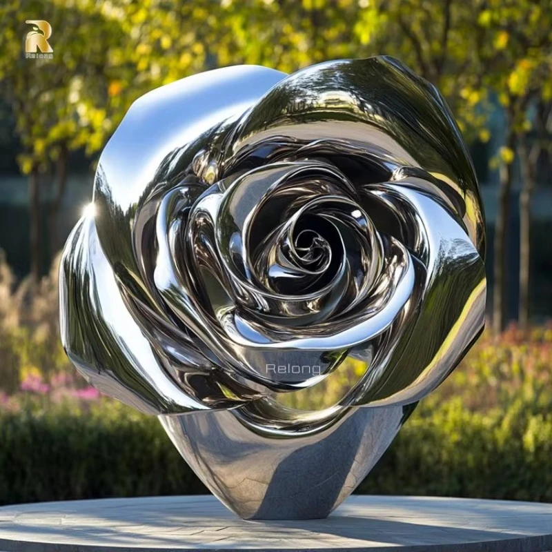 نحت زهرة معدنية مزخرفة كبيرة للحديقة، نحت ورد من الفولاذ المقاوم للصدأ #1