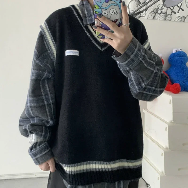 メンズVネックニットセーター,韓国風原宿ベスト,レジャー,パッチワーク,ラージサイズ,3xl