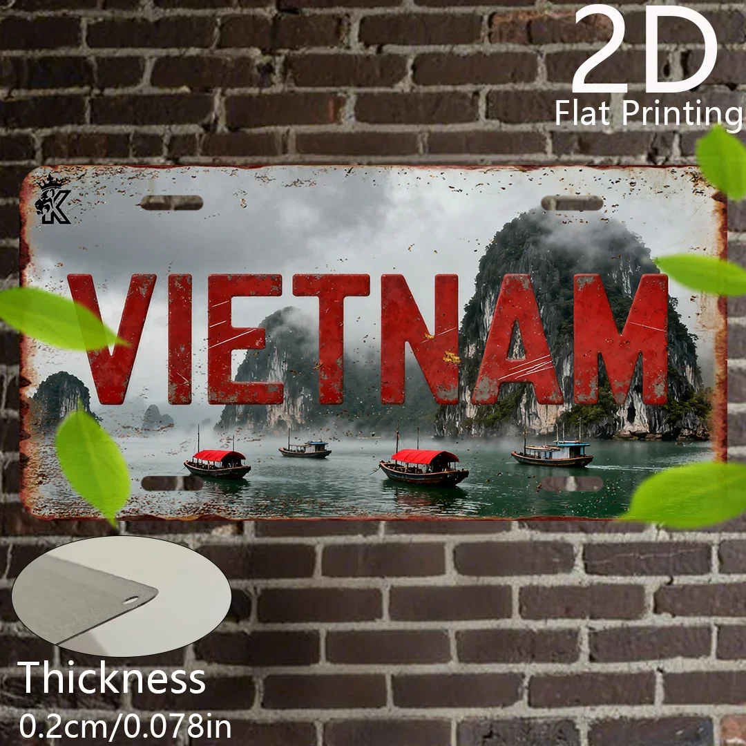 License Plate Style Vintage Metal Wall Art, Vietnam Ha Long Bay 2D Flat Printed Traditional Junk Boat Design, Travel Gift
