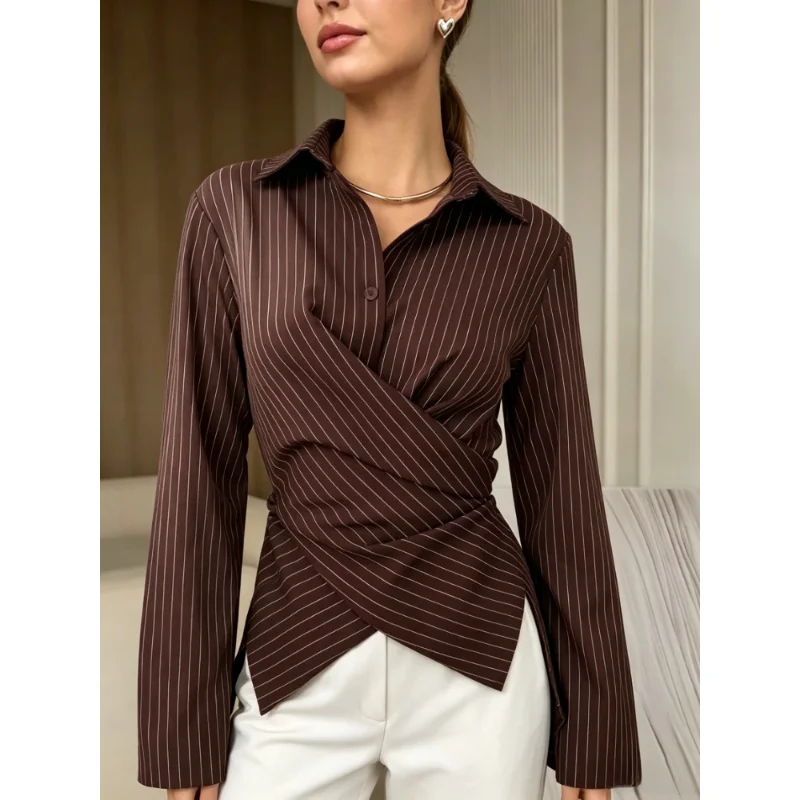 New Women Color Block Striped Lapel Collar Shirt, Long Sleeve Button Down Slim Waist Casual Top, Office Work Blouse for Ladies