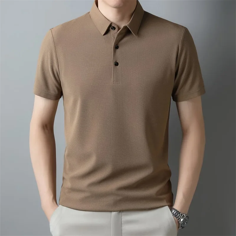 Men's Fashion Waffle Solid Short Sleeved Polo Shirt Summer Breathable Comfortable Top