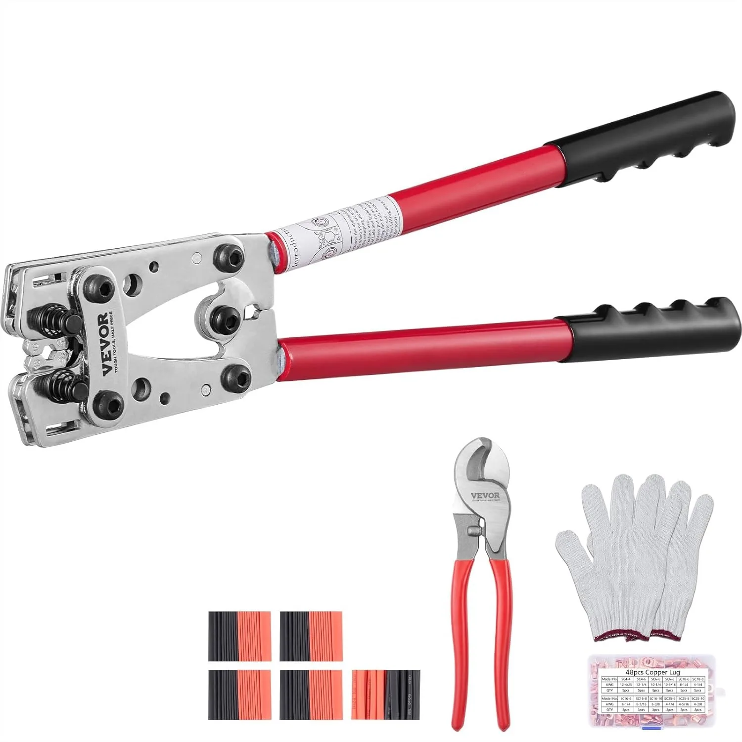 Battery Cable Lug Crimping Tool 10-1/0 AWG with Cutter, 48PCS Copper Terminals & 100PCS Heat Shrink Tubes, Heavy Duty Wire