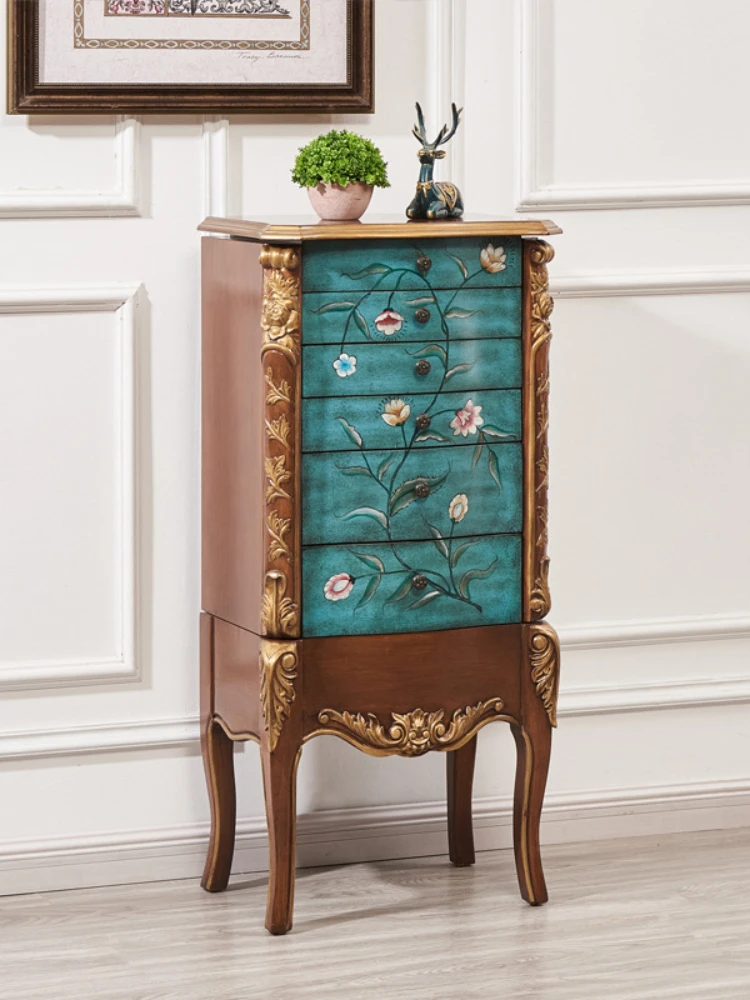 Solid Wood Golden Curio Cabinet Jewelry Storage Finishing Side Cabinet Retro Painted Cabinet