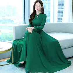 Solid Chiffon Long Sleeve Dress Women Evening Party Maxi Dresses 2024 New Spring Autumn Elegant Ladies Bohemian Beach Dress 4XL