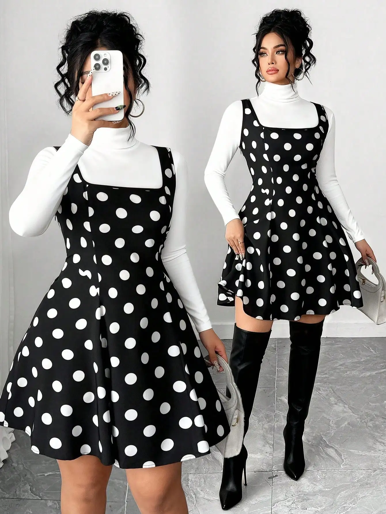 

Женское мини-платье большого размера с квадратным вырезом и принтом в горошек, расклешенное, для вечеринок, свиданий, праздников и повседневной носки