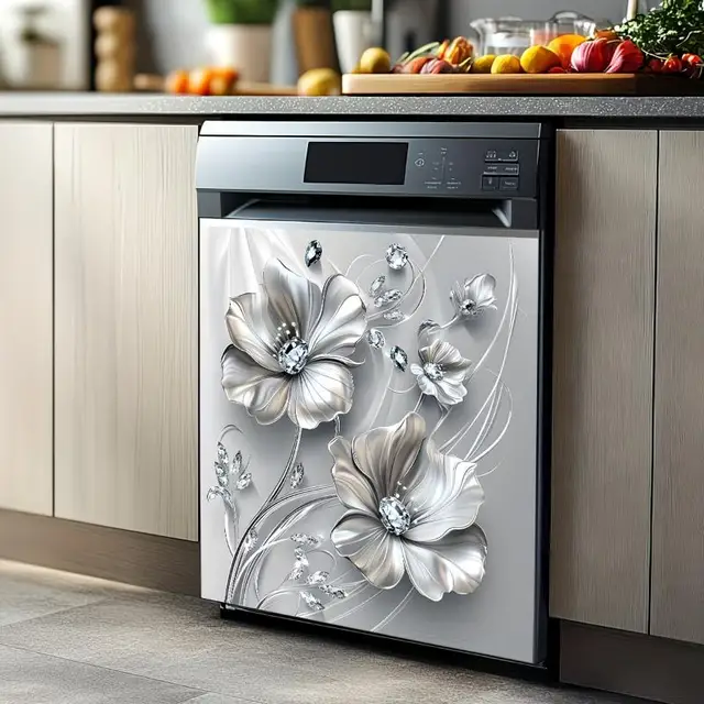 【S】Silvery Floral Rhinestone Decal Kitchen Fridge Dishwasher Sticker Self-Adhesive Removable Wall Decals Home Decor 3