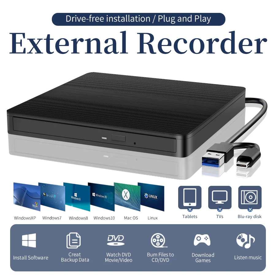

2-in-1 USB3.0 Type-C Slim External DVD Burner RW CD Writer Drive Burner Reader Player Optical Drives Portable For Laptop Desktop