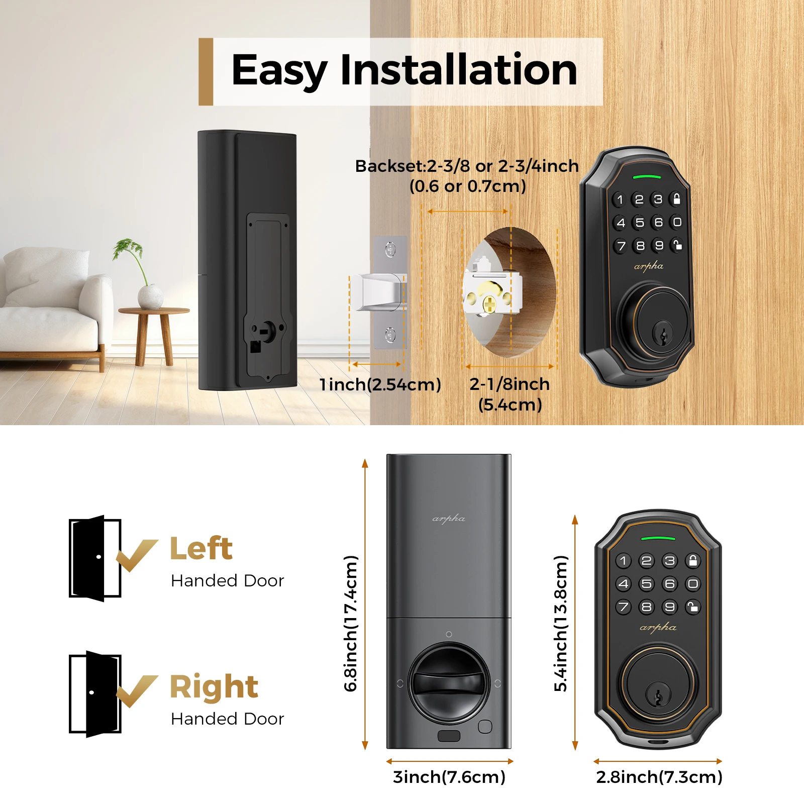 Arpha WiFi Smart Door Lock Tuya App Control Keyless Entry Keypad Door Lock Temporary Passcode One-Time Password Auto Lock Office