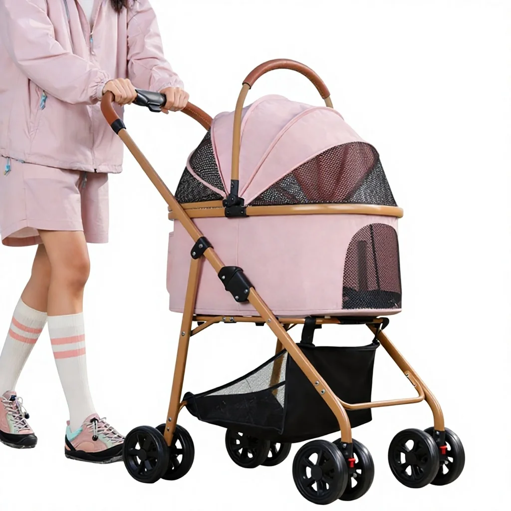 New Detachable Pet Stroller with Swivel Front Wheels-Lightweight Portable Foldable Four-Wheel Design for Dogs & Cats