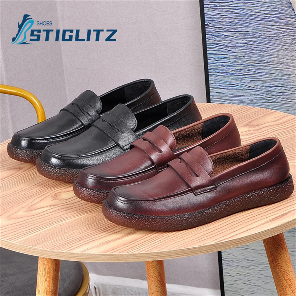 Round Toe Shallow Genuine Leather Men's Shoes Nonslip Soft Sole Casual Shoes Men's Daily Commuter Shoes High Quality Dress Shoes